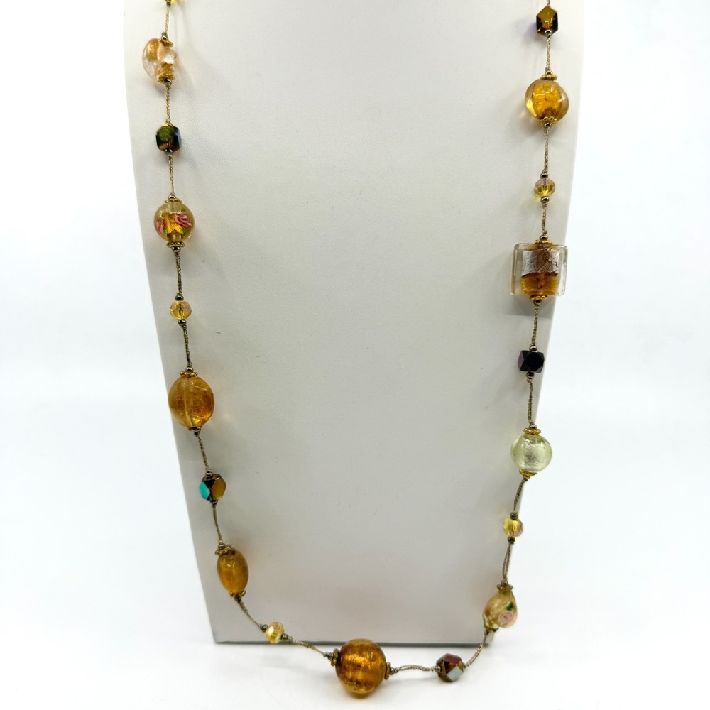 Vintage Amber Tone Murano Glass Bead Long Station Necklace Gold Tone Foil Floral